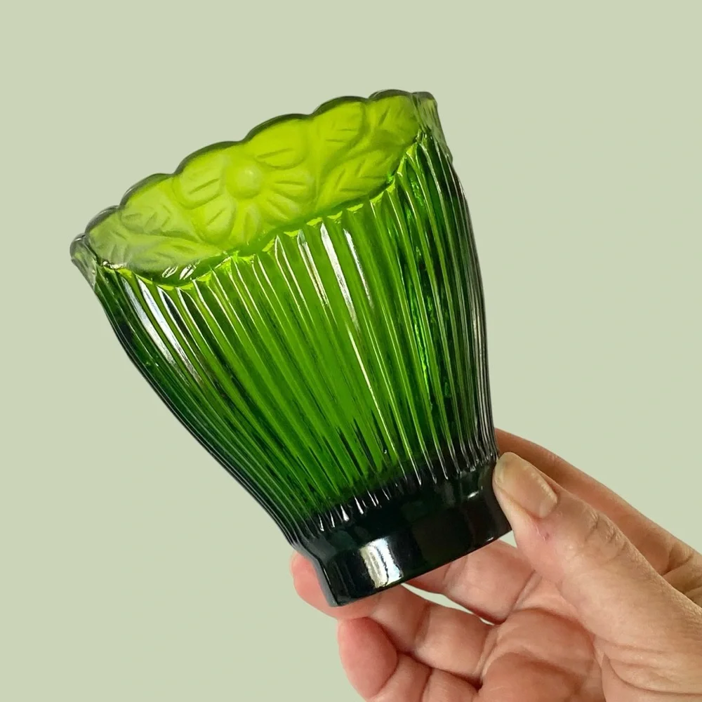 Crate & Barrel Green Glass Frosted and Glossy Ribbed Floral Candle Holder 4.25